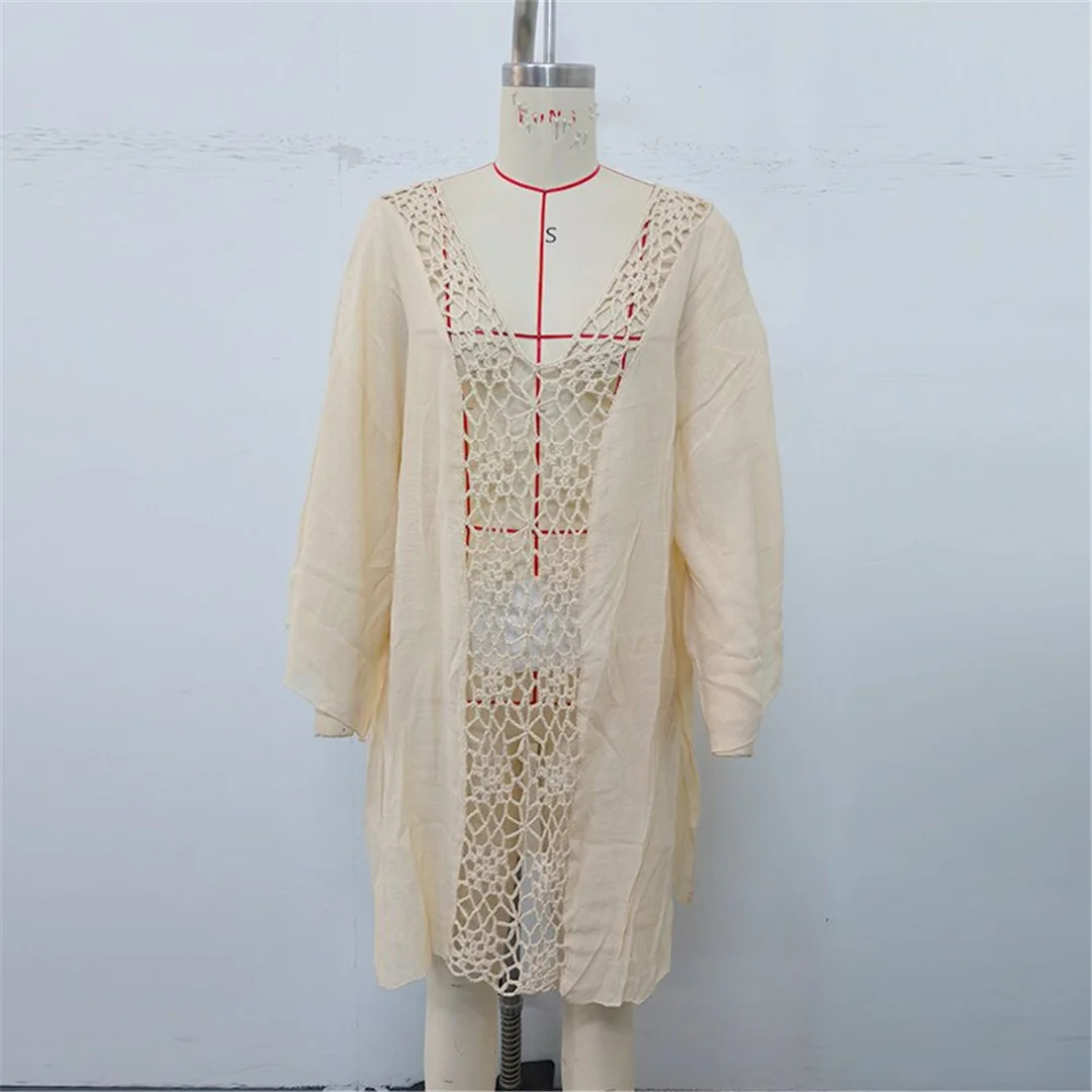 V-Ausschnitt, lange Ärmel, mit Ausschnitten versehen, gehäkelt, gestricktes Tunika-Oberteil, Strandkleid, Strandbekleidung, Damen-Strandkleid, Strandüberwurf, Damen V7580 – Detail 17