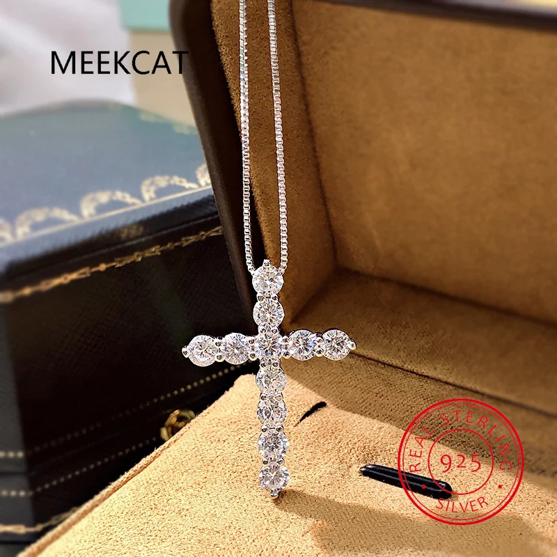 3mm Round Cut D VVS1 Moissanite Cross Pendants Necklace For Women 925 Sterling Silver Christian Diamond Neck Chain