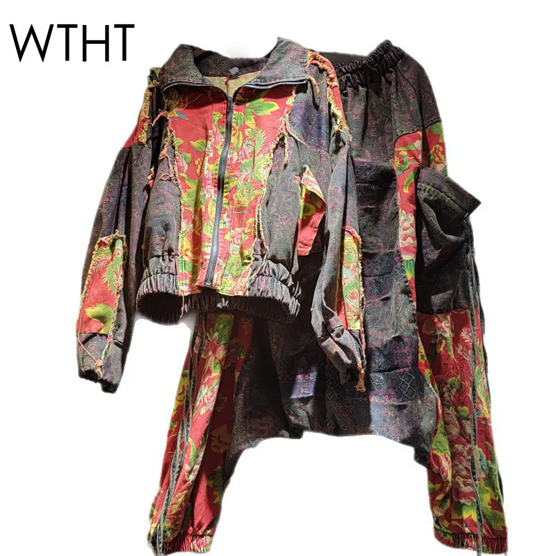 

WTHT Vintage Trendy Women's Patchwork Print Design Long Sleeve Denim Jacket Elastic Waist Jeans Set Female 2025 Autumn 1LS2465