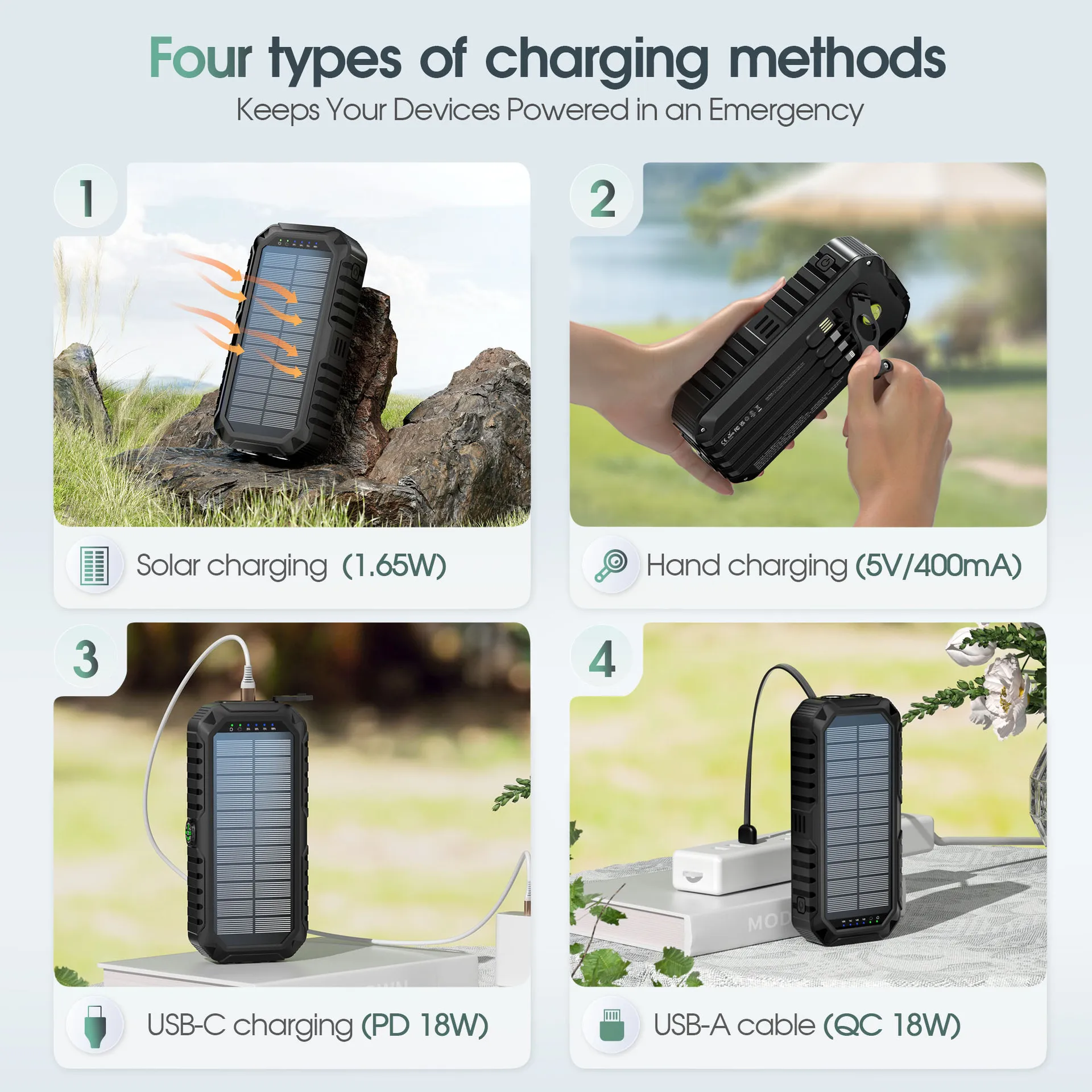 40000mAh Solar Power Bank with Hand Crank Portable 22.5W Fast Charger Built-in Cable External Battery for Phones Camping Outdoor