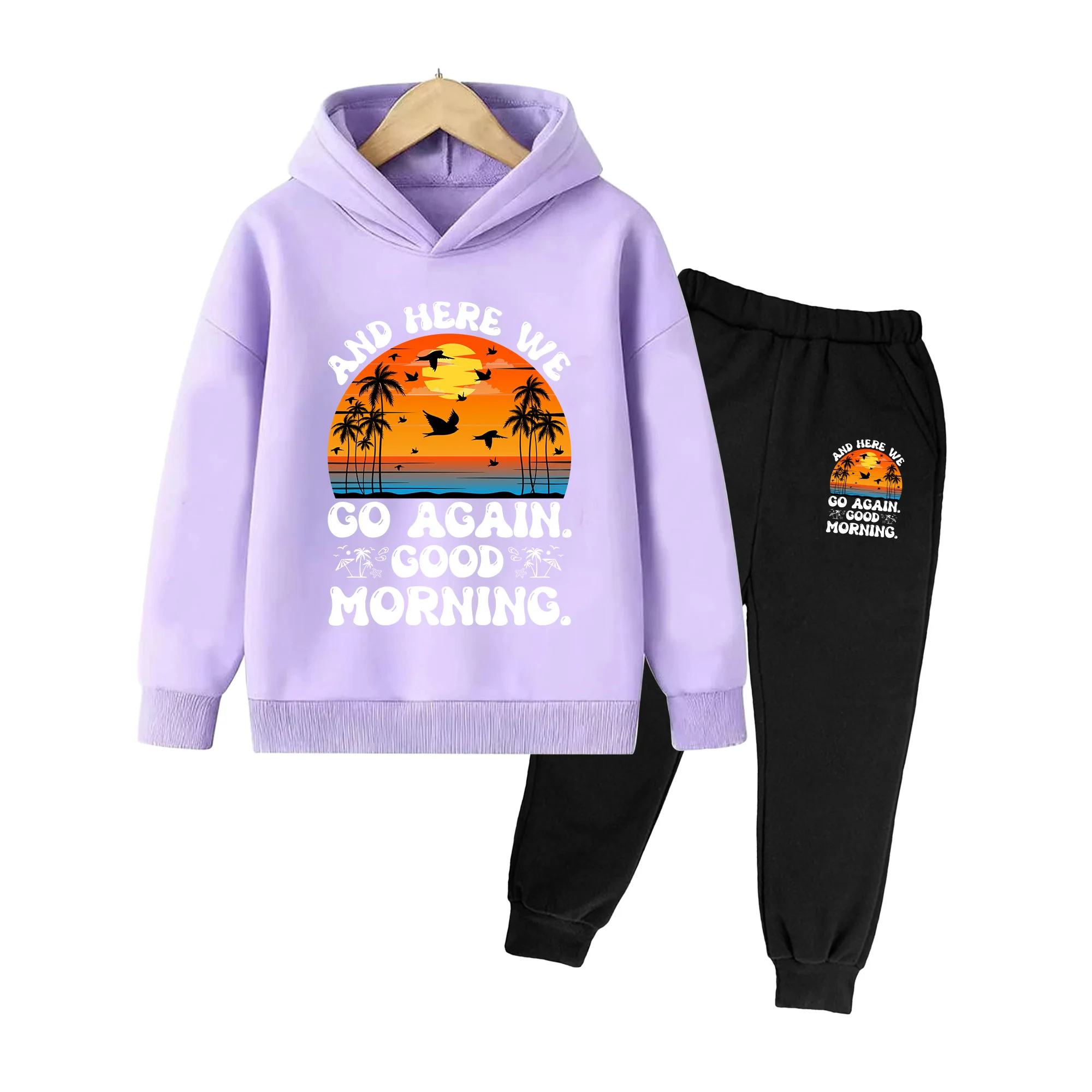 Kids Boys Girls Hoodie and Sweatpants Set, Tropical Sunset Palm Tree Print Casual Outfit for Beach Vacation Daily Wear