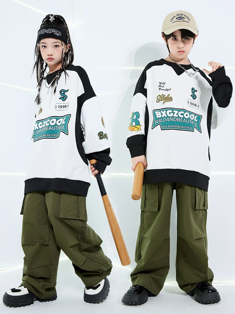 Kids Street Dance Sets Loose Sweatshirt Green Pants Boys Hip Hop Outfits Modern Jazz Dance Costume Girls Kpop Performance Wear