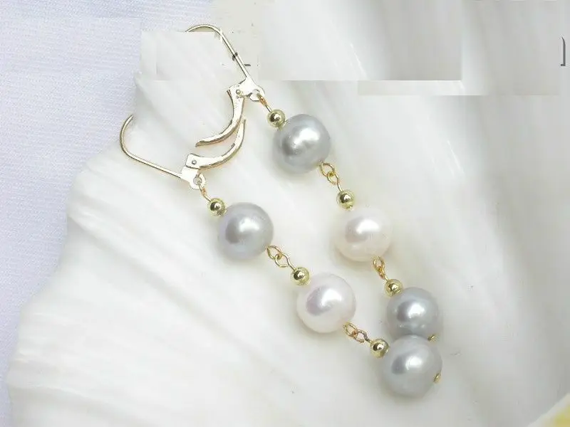 

9-10MM freshwater pearl white+grey pearl earrings +18K Women Ear Dangling Wedding Bohemian Jewelry Crystal