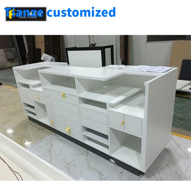 （customized）Wooden White Reception Desk Design Front Desk Furniture Cash Counter Table Sale