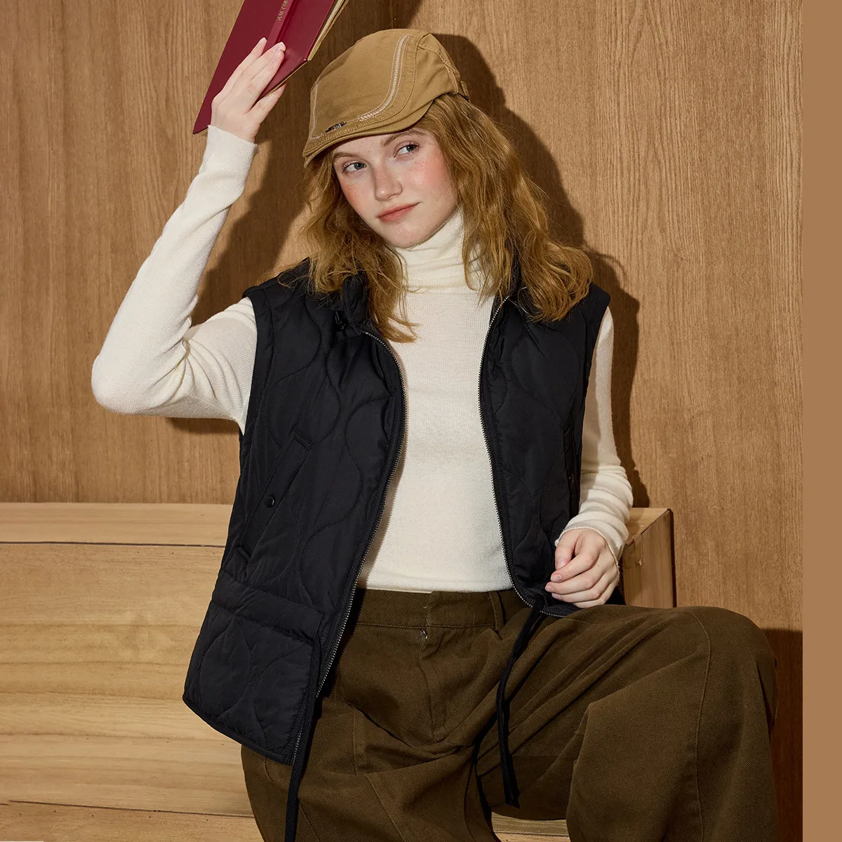 Coolhut Vintage solide ärmellose Pufferweste Winter mit Kapuze, tailliertes Design, übergroße gesteppte Gilet, vielseitiges Lagenstück