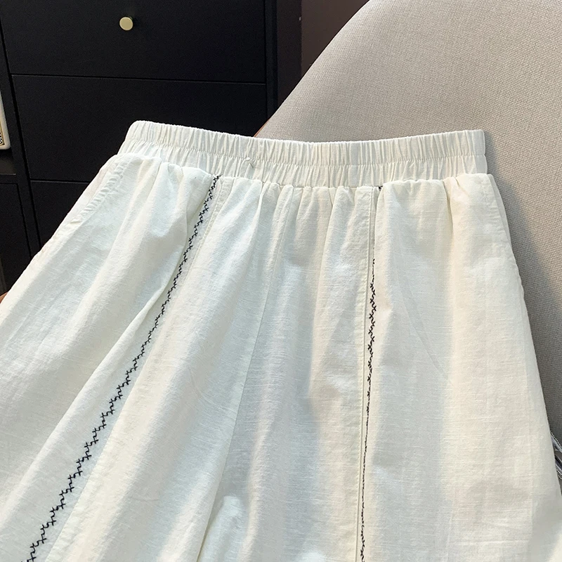 Pantalon ample en coton et lin pour femmes, jambes larges, taille haute, taille élastique, garniture en dentelle brodée, jupe, neuf points, couleur Pure, été