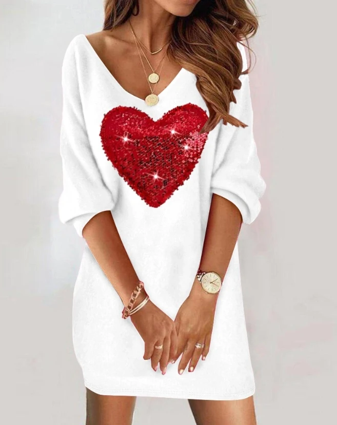 

Color Blocking Heart-Shaped Contrasting Sequins Casual Dress, New Hot Selling Fashion Long Sleeved Women's Mini Skirt