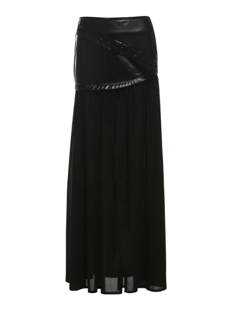 Y2k 美的ヴィンテージ PU パッチワーク女性スカート原宿ハイウエスト妖精 A ラインロングスカートストリートプリーツグランジ段段段段