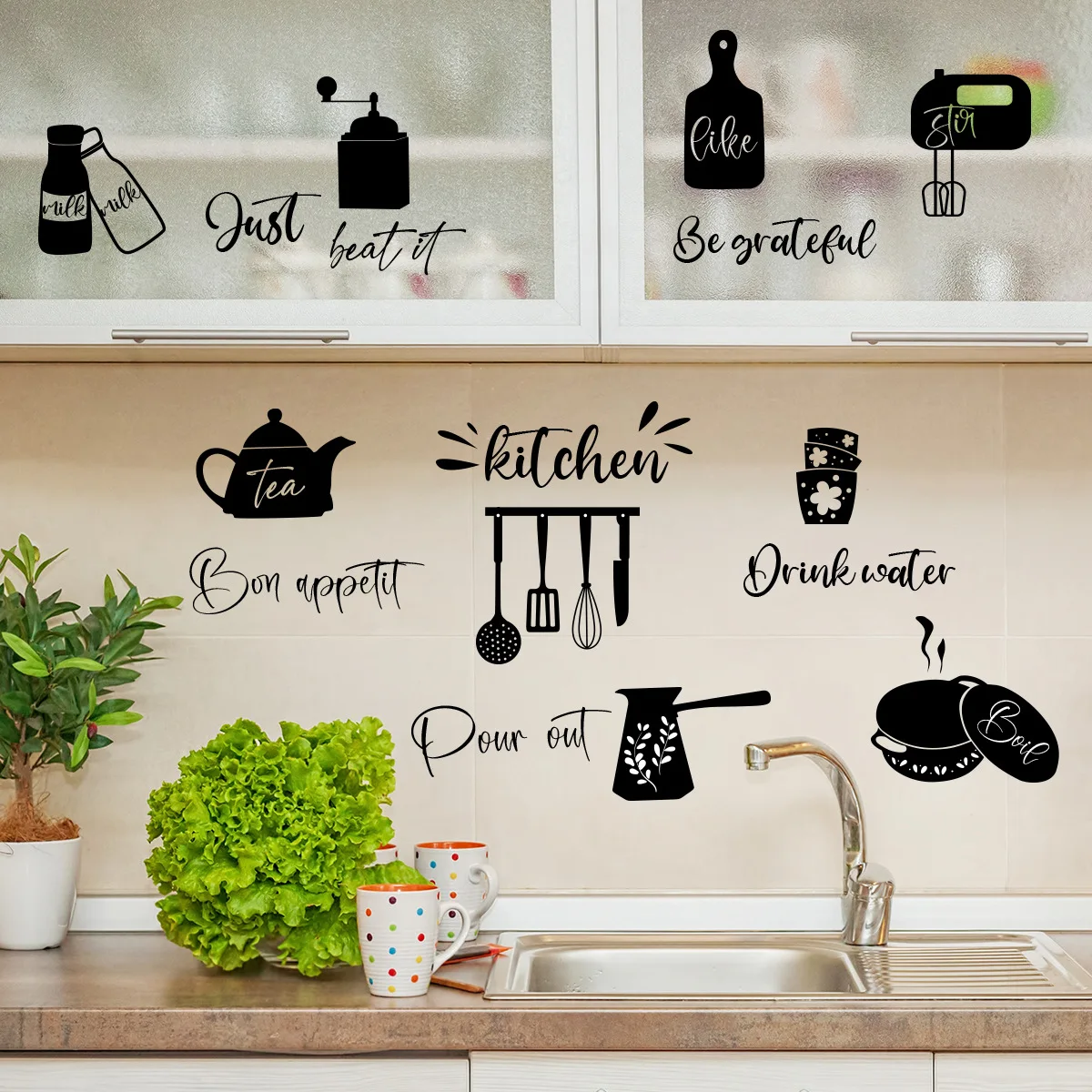 Talheres de comida cozinha em inglês criativo destacável adesivos de parede de PVC decorar e embelezar o quarto adesivos de sala de estar
