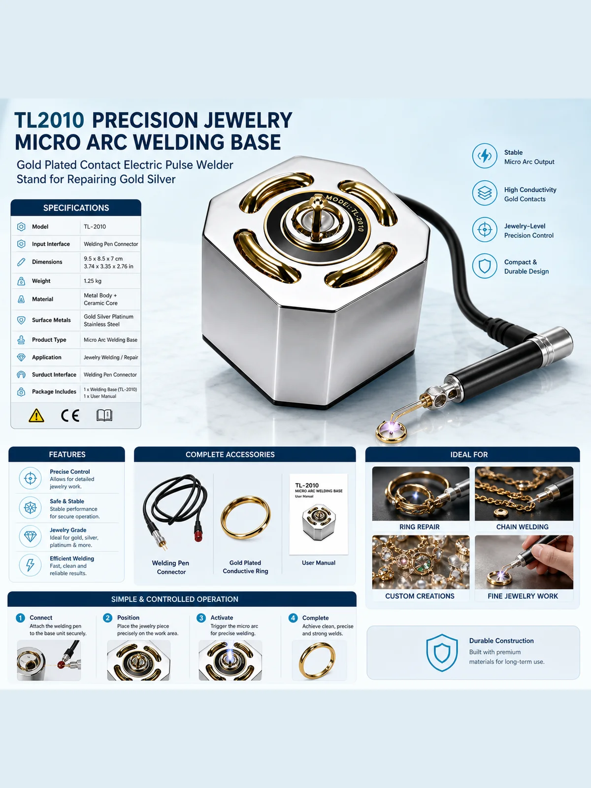 Repairing Gold Silver Ri | TL2010 Precision Jewelry Micro Arc Welding Base Gold Plated Contact Electric Pulse Welder Stand