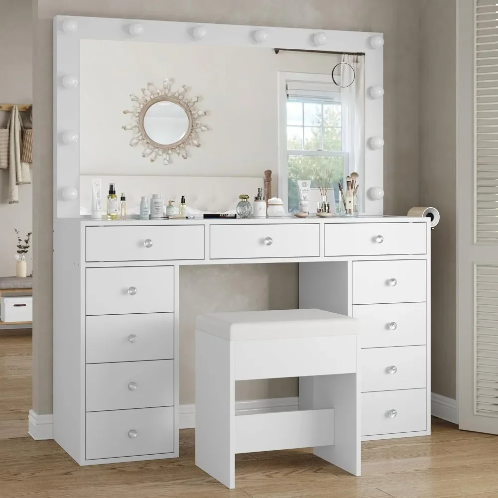 Vanity Desk & Power Outl Dressing Table With Mirror Makeup Vanity With Mirror and 12 LED Lights Room Dresser Make Up Table Light