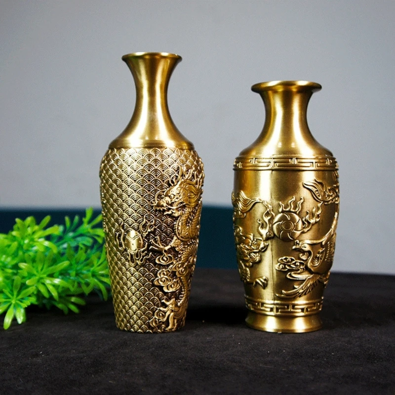 1PC Large Brass Plant Flower Vases with Ornate Dragon and Phoenixes Engravings Vases for Home Living Room or Office Decoration