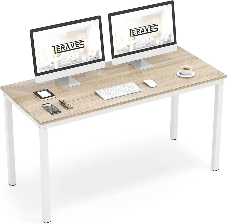 Teraves Computer Desk/Dining Table Office Desk Sturdy Writing Workstation for Home Office (47.24”, Beige + White Frame)