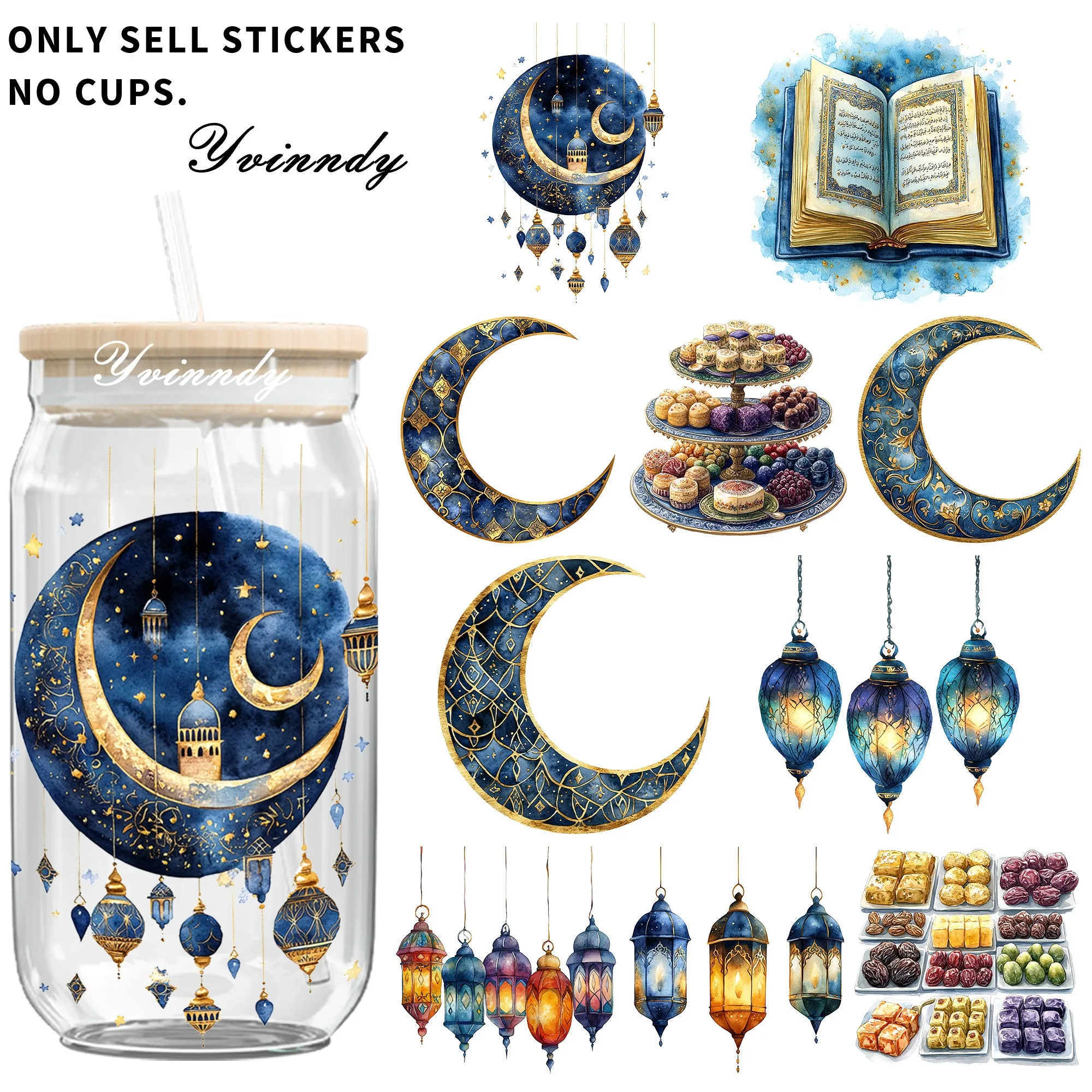 4 Stück/Set Ramadan-Aufkleber, geeignet für 16-Unzen-Becher, UVDTF-Transferaufkleber. Wasserdicht und kratzfest, einfach zu verwenden