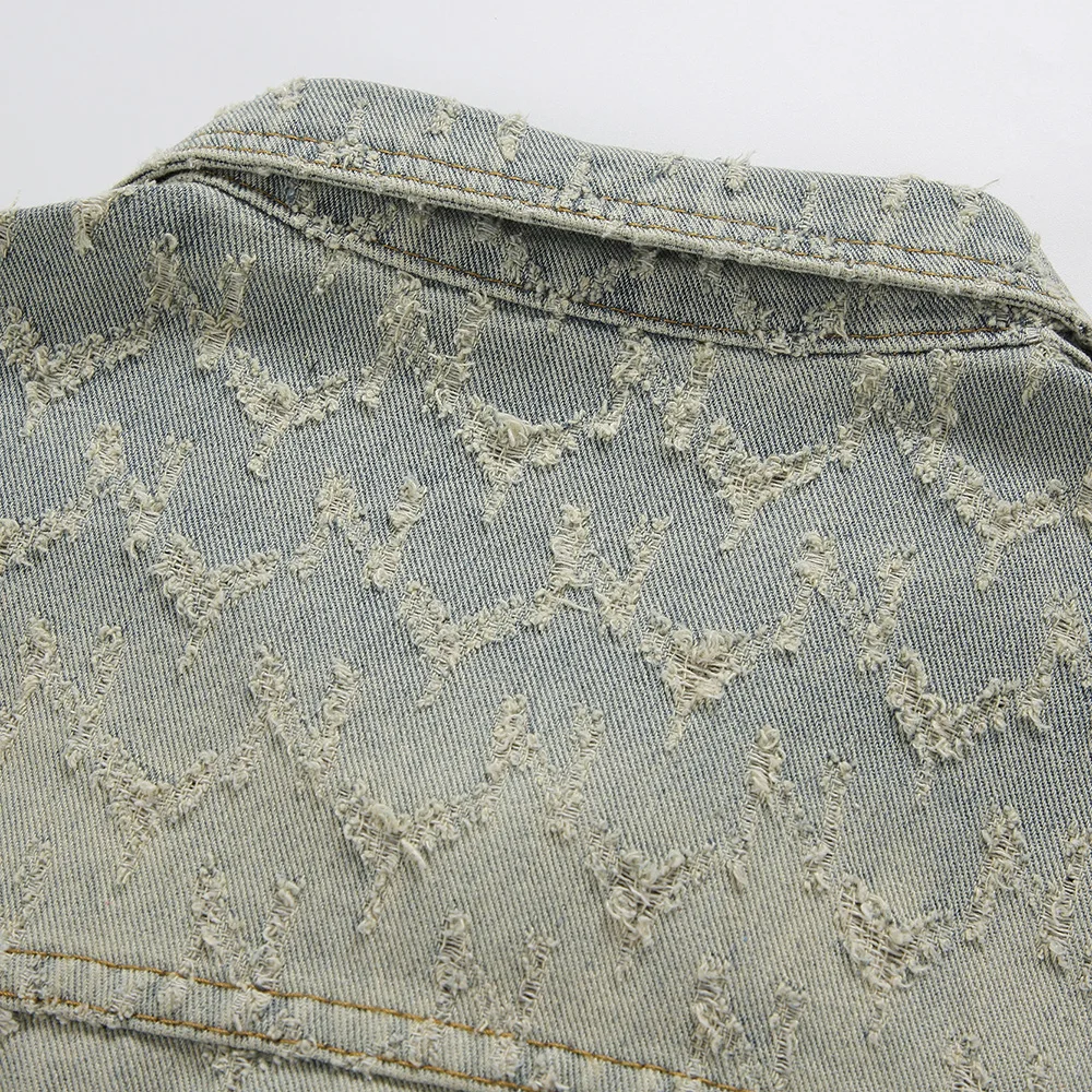 Chaqueta vaquera para hombre, abrigo vaquero de algodón tejido Jacquard holgado informal, ropa de abrigo con cuello de solapa rasgado azul Vintage