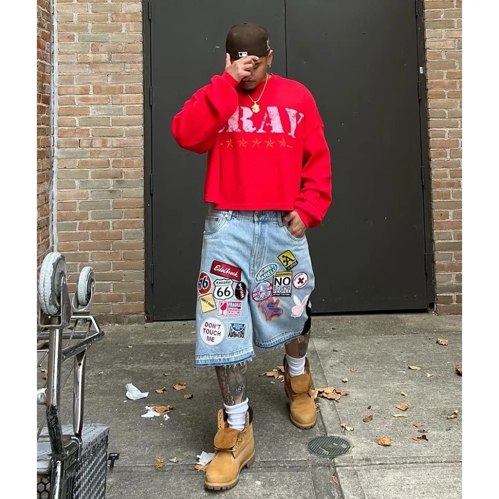 

Y2K Jeans Men Women Hip Hop Cartoon Graphics Streetwear Retro Patchwork Denim Short Retro Blue Loose Denim Fitness Casual Shorts