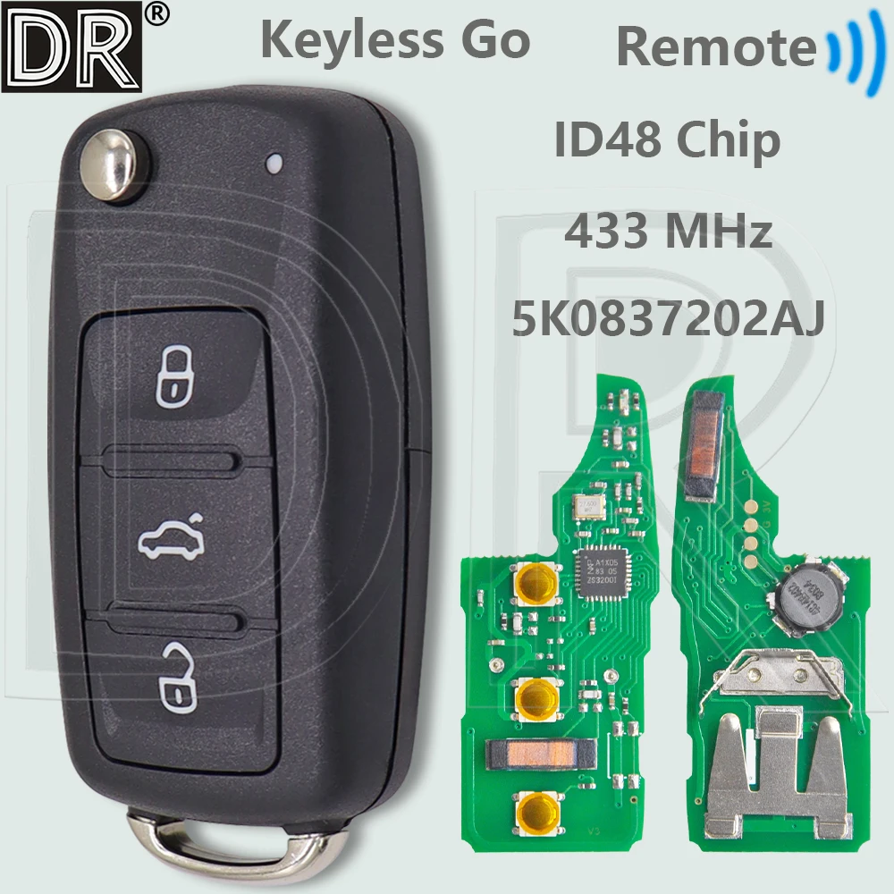 

DR 5K 0837202 Чип AJ ID48 433 МГц, автомобильный дистанционный ключ без ключа для VW Volkswagen Golf Polo Caddy Tiguan Touran Eos Jetta Beetle