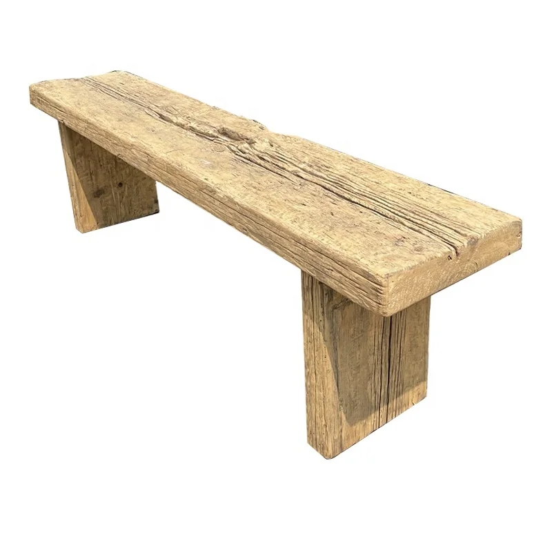 

Chinese antique rustic simple natural long outdoor garden bench reclaimed slab wooden park outside seating bench