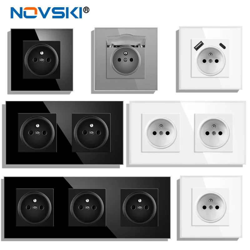 novski French standard plug, glass wall panel, French power supply, 16A and 220V grounding, child protection door socket