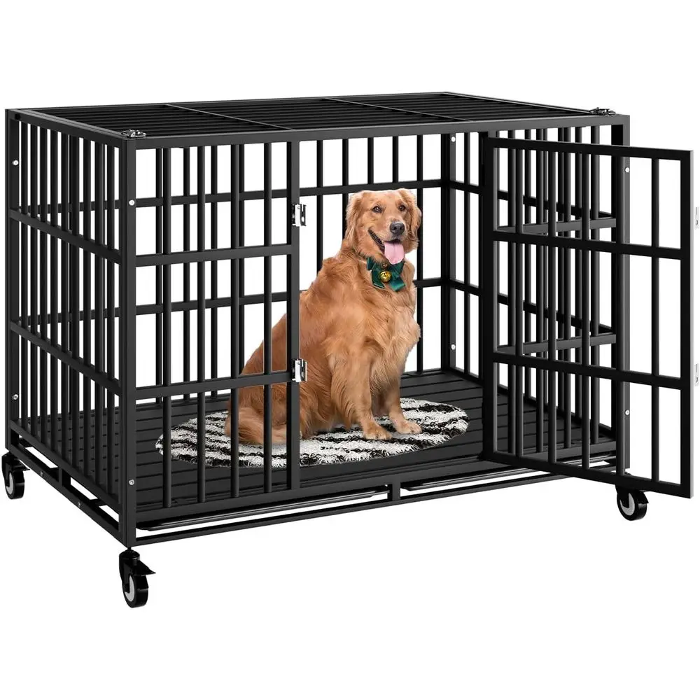 

Extra Large Heavy-Duty Dog Crate with Wheels, Indestructible XL XXL Kennel, Double Door & Removable Tray