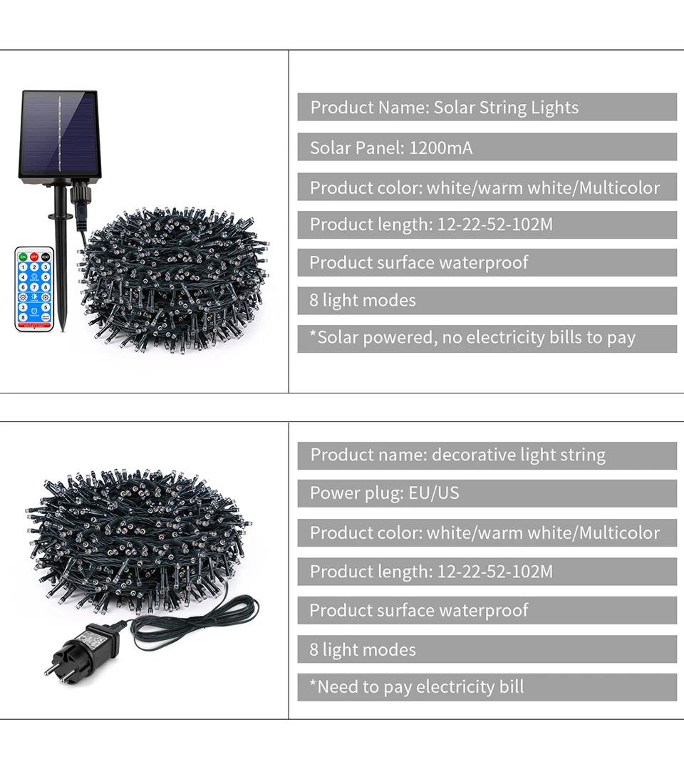 Energy Saving LED Outdoor Garden String Lights 10M 20M 30M 50M 100M Solar/EU/US Plug Charging LED Christmas Lawn Luminous Lamp
