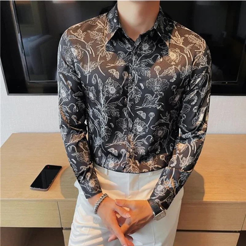 High Quality Autumn Flower Shirt Men Fashion Casual Business Dress Shirt Men\'s Long Sleeved Shirt Social Office Men Clothing