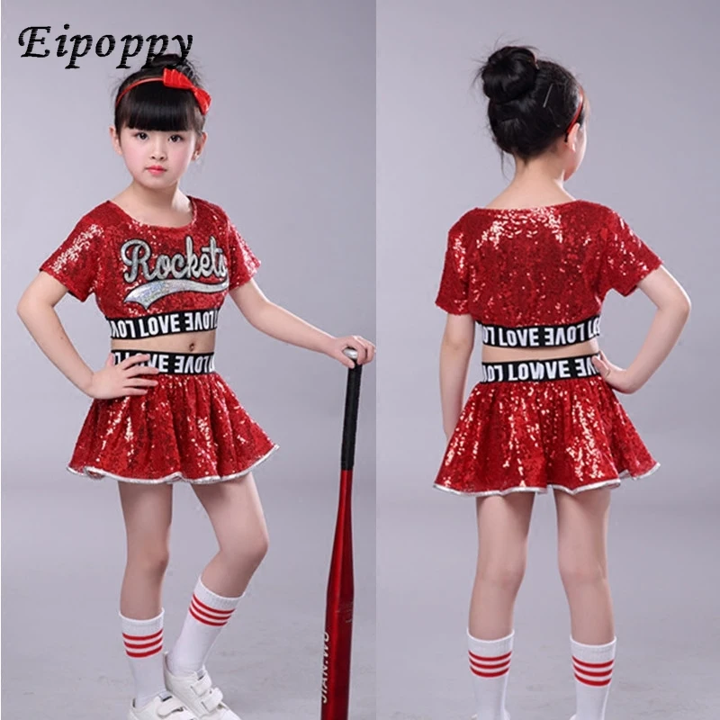 Costumi di danza jazz per bambini ragazze ombelico esposto vestiti di danza moderna paillettes per bambini abbigliamento da cheerleader nuovo