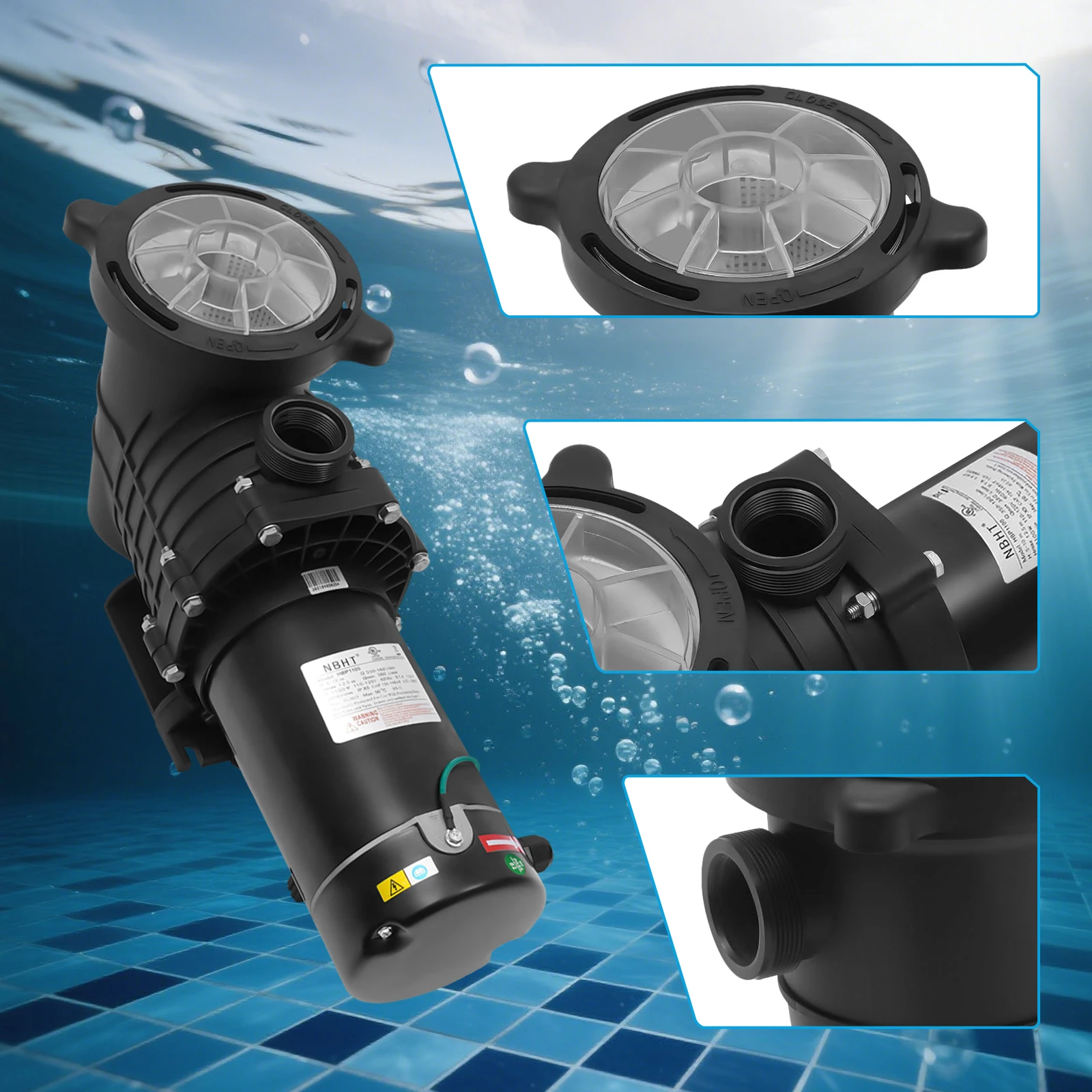 

Насос для бассейнов 1.5 л.с., 380 л/мин, напор 12.5 м, порт 2 дюйма (48.5 мм), IPX5, 3450 об/мин, для наземных спа-бассейнов, гидромассажных ванн, ирригации и фильтрации