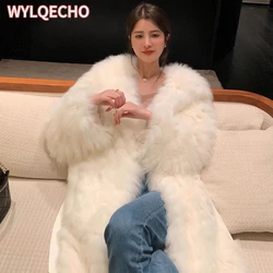 Winter Fox Fur Imitation Fur Coat Women's Korean Fashion Warm Navy Fur Collar Long Overcoat Large Size Leisure Pink Windbreaker