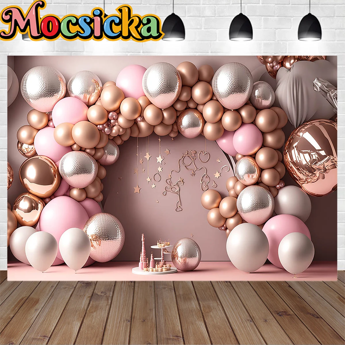 

Princess Girl One Birthday Party Backdrop Studio Photography Pink Balloon Decoration Cake Smash Booth Background Shiny Star Prop