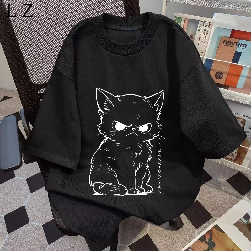 

Мотоциклетная универсальная футболка Angry Kitten, мужская и женская свободная футболка с круглым вырезом в уличном стиле, повседневный топ с круглым вырезом и половиной рукавов