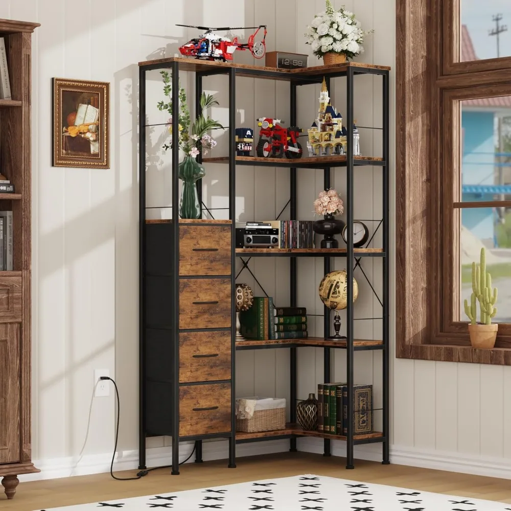 5-poziomowa półka narożna z oświetleniem LED, szufladami z tkaniny i półką ekspozycyjną, duży rozmiar, styl industrialny