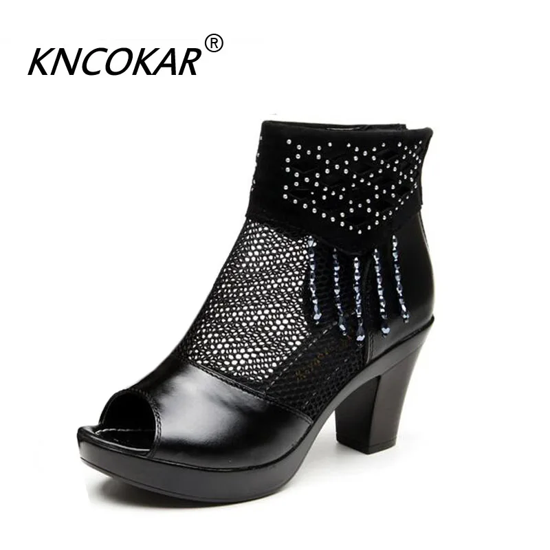 KNCOKAR New Spring Summer Roman Women\'s High Heel Waterproof Platform Fish Mouth Net Shoes Women\'s Thick Heel Sandals