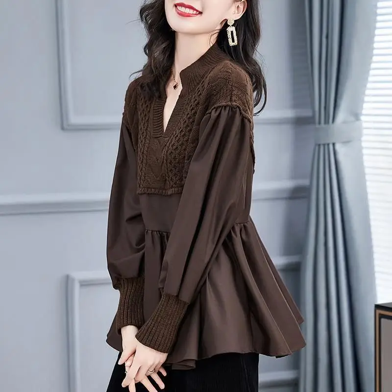 Loose Casual Brown Sweater For Women In Autumn And Winter 2022 New Versatile Splice V-neck Pullover Knit Top