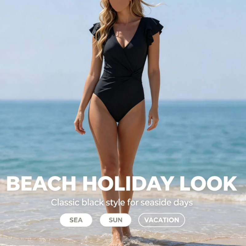Maillot de bain une pièce noir à manches à volants, avec décolleté en V profond et design de contrôle du ventre, idéal pour les vacances à la plage et les fêtes à la piscine.