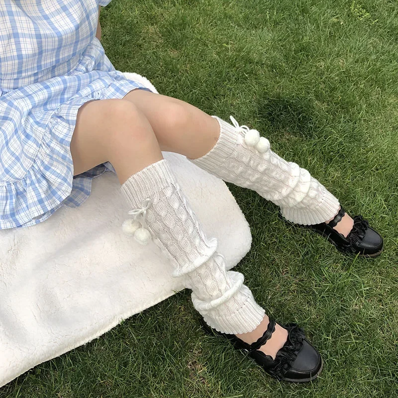 النمط الياباني الشتاء الجوارب الدافئة لوليتا الدافئة الساق جوارب محبوكة كرة صوف محبوك القدم يغطي تدفئة الساق مع كرات للنساء #3
