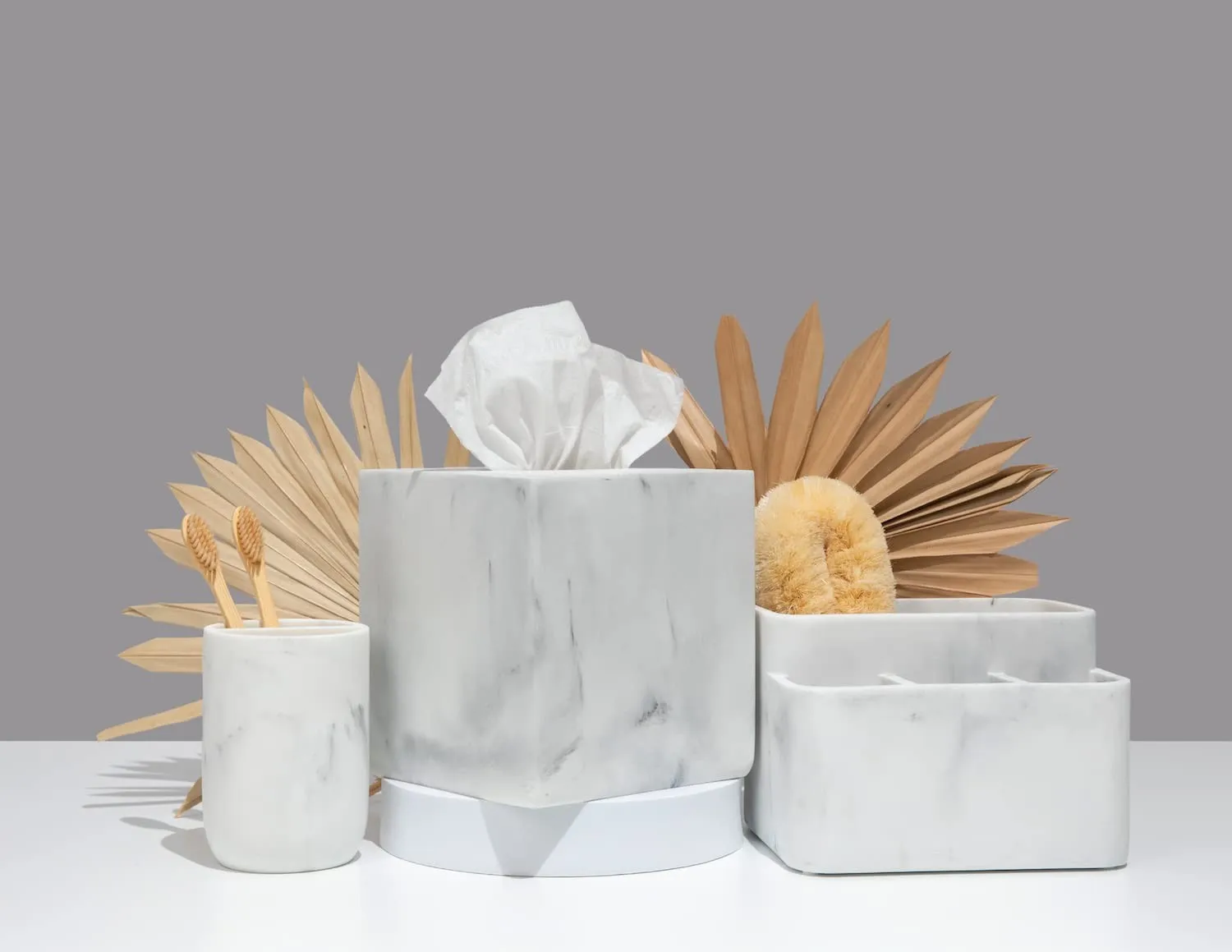 White Marble Toothbrush Holder for Home Small Bathroom Organizer with Toothpaste Dispenser Minimalist Vanity Storage Rack