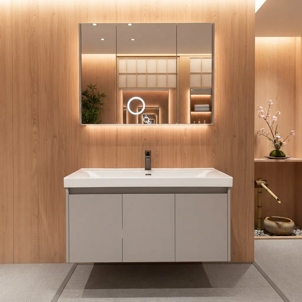 Lady High-end Modern 90cm Floating Vanity Integrated Ceramic Bathroom Basin Sink With LED Anti-fog Mirror Cabinet Set