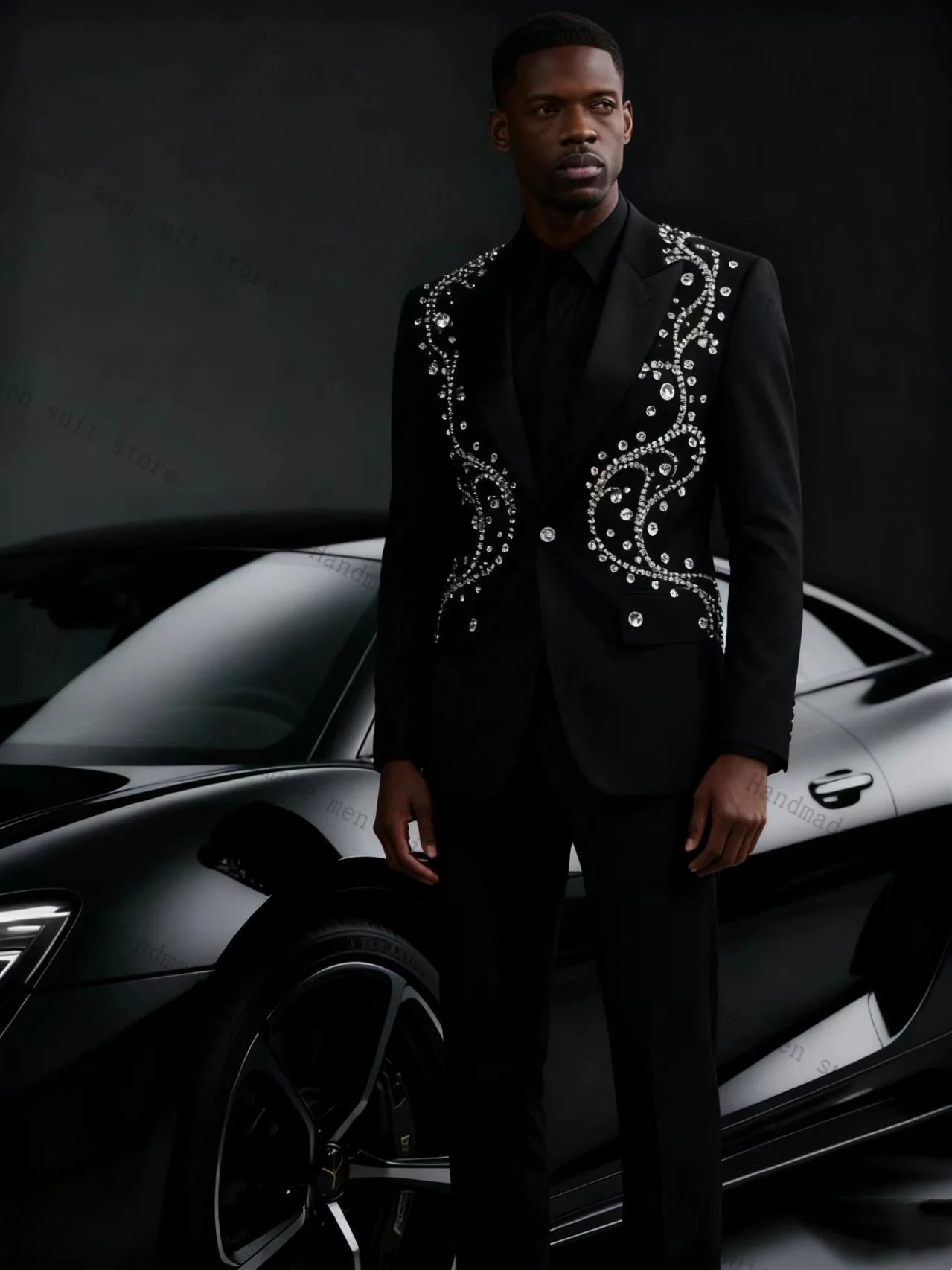 

Black Luxury Men Suit Set 2 Piece Crystals Blazer+Pants Prom Wedding Tuxedos Coat Customized Formal Office Fashion Jacket