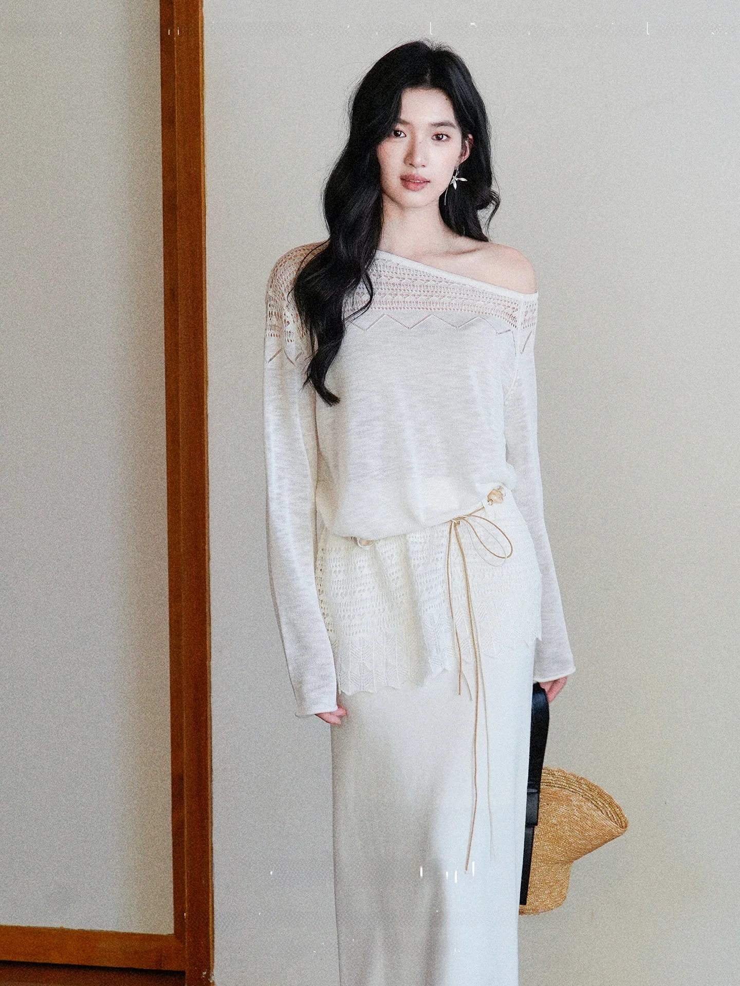 

Lace Knitted Hollow out Shoulder Bridesmaid Dresses Women's High Waist Spring Fashion Set Long Sleeve Hollow out Knitted Top