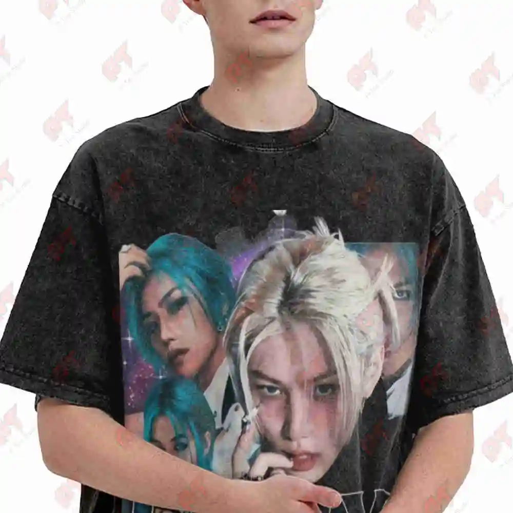 Felix Retro Kpop Cosmic Art Vintage Washed Tee Pure Cotton T-Shirt