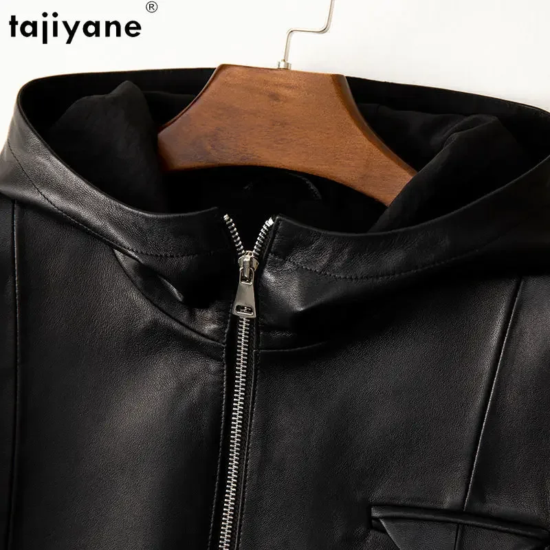 Tajiyane-jaqueta de couro feminino, casaco de pele de carneiro 100% real, streetwear preto com capuz, casual feminino, 2023
