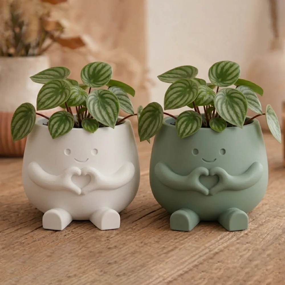 Heart Gesture Flower Pot Silicone Mold 3D Smiley Face Character Planter Concrete Gypsum Plaster Resin Mould Home Garden Decor