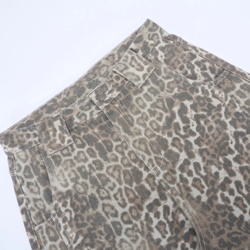 Americano retro vintage leopardo impressão faca curvada calças para homens e mulheres high-end solto silhueta até o chão unisex jeans