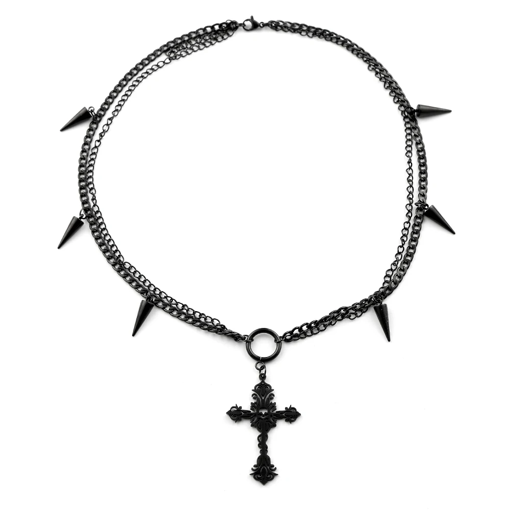 

Gothic Punk Rivet Spike Cross Pendant Double-layer Choker Necklace Stainless Steel Black Hip Hop Chain Necklaces Jewelry Gift