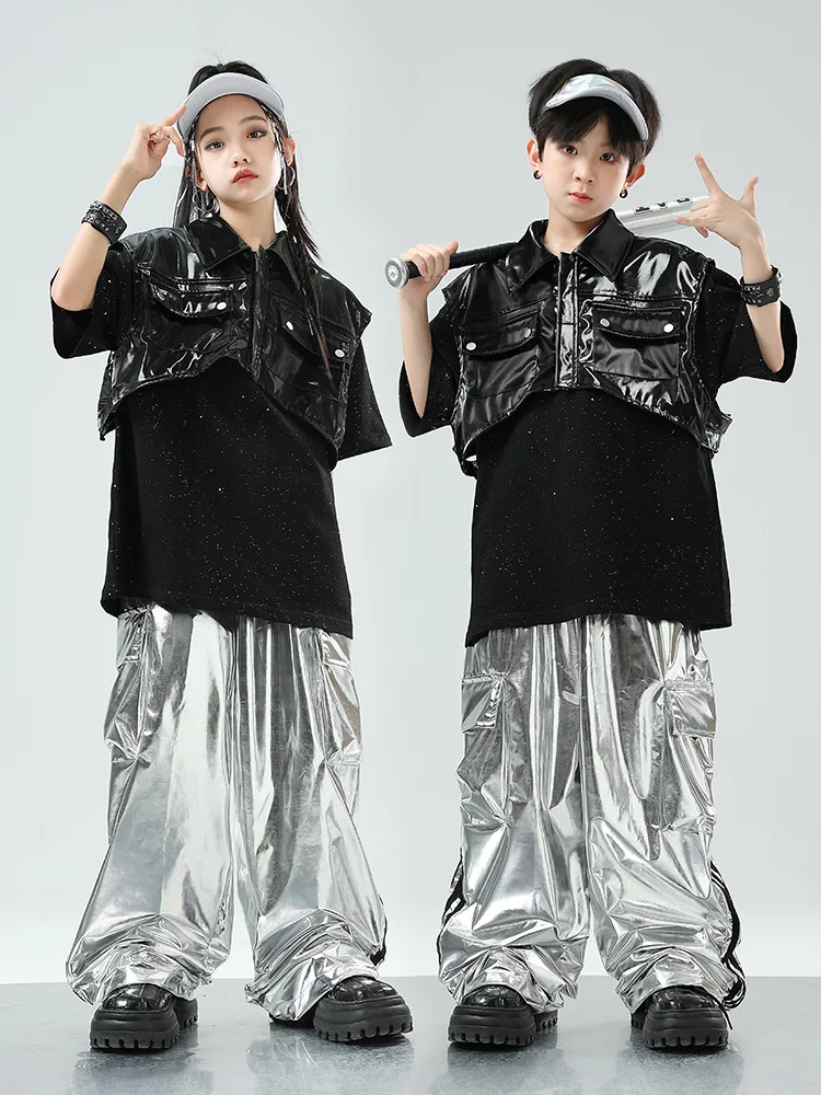 Jungen Hip Hop Leder Motorrad Weste Cargo Hosen Mädchen Weste Street Dance Jogger Kinder Ärmellose Jacke Kind Punk Kostüme