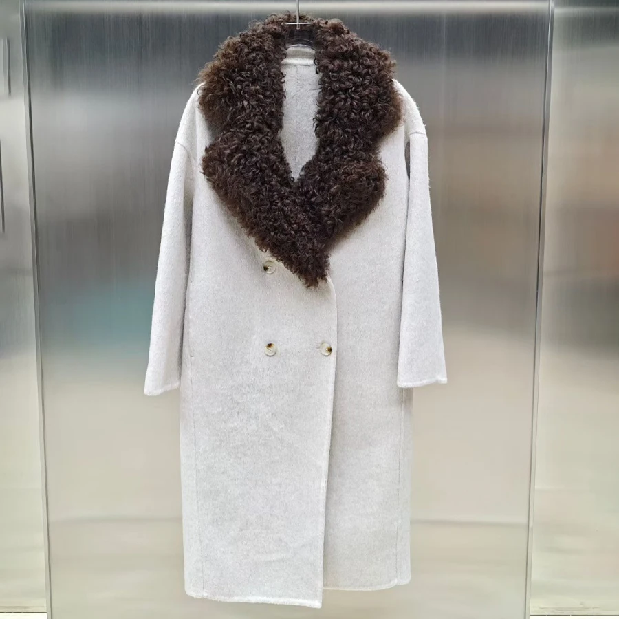 Winter Warm Wool Coat  With Lamb Fur Collar Long Cashmere Fur Coat Best Selling  Jacket Luxury