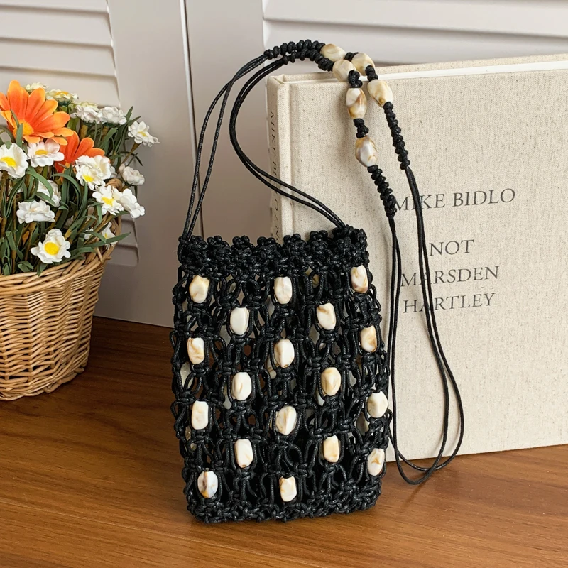 Hand-woven Acrylic Beaded Cotton Rope Weaving Crossbody Bag Iightweight Hollow-out Crochet Bag Summer Mobile Phone Beach Bag