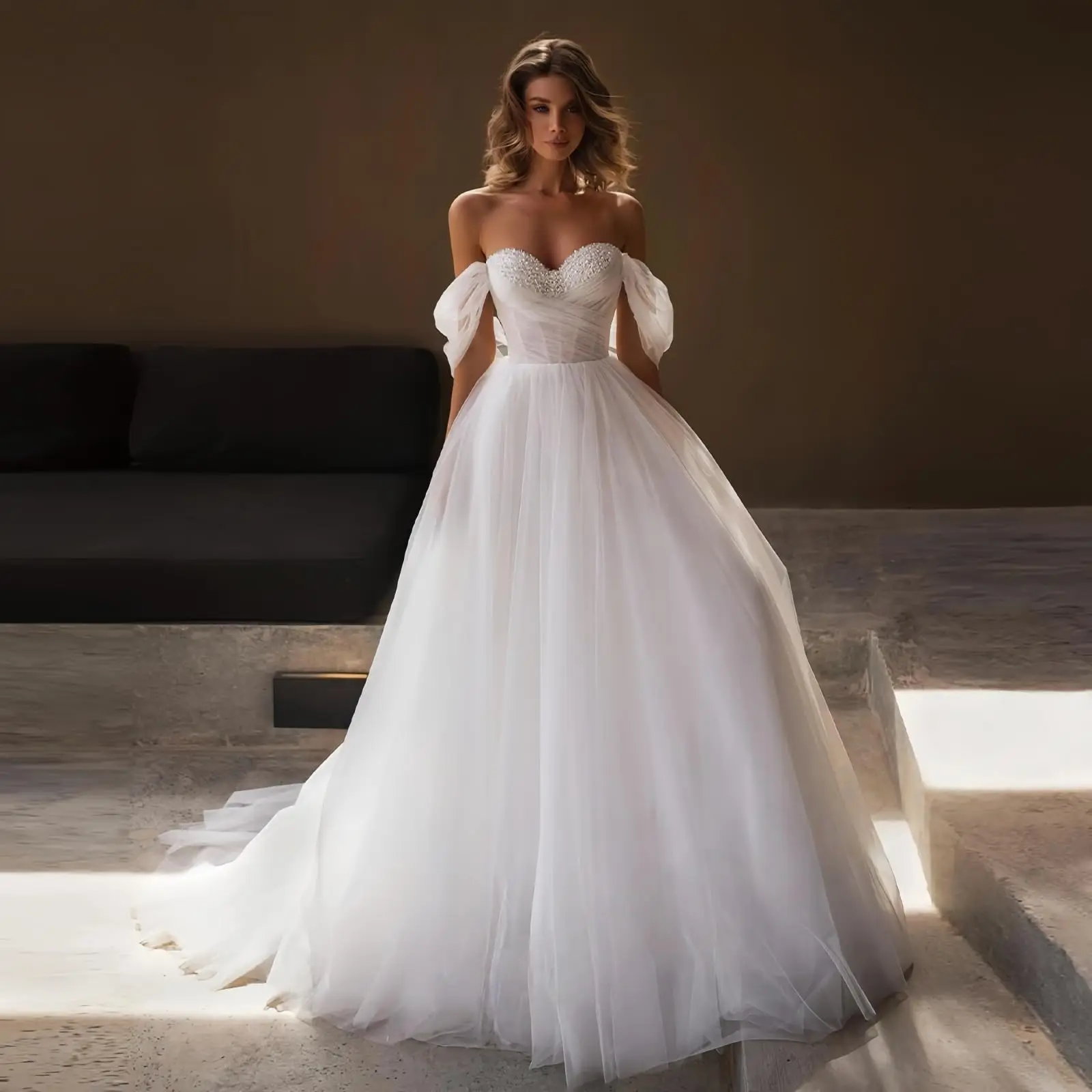 

Off Shoulder Wedding Dress for Bride A Line Sweetheart Beaded Long Tulle Bridal Gowns Corset