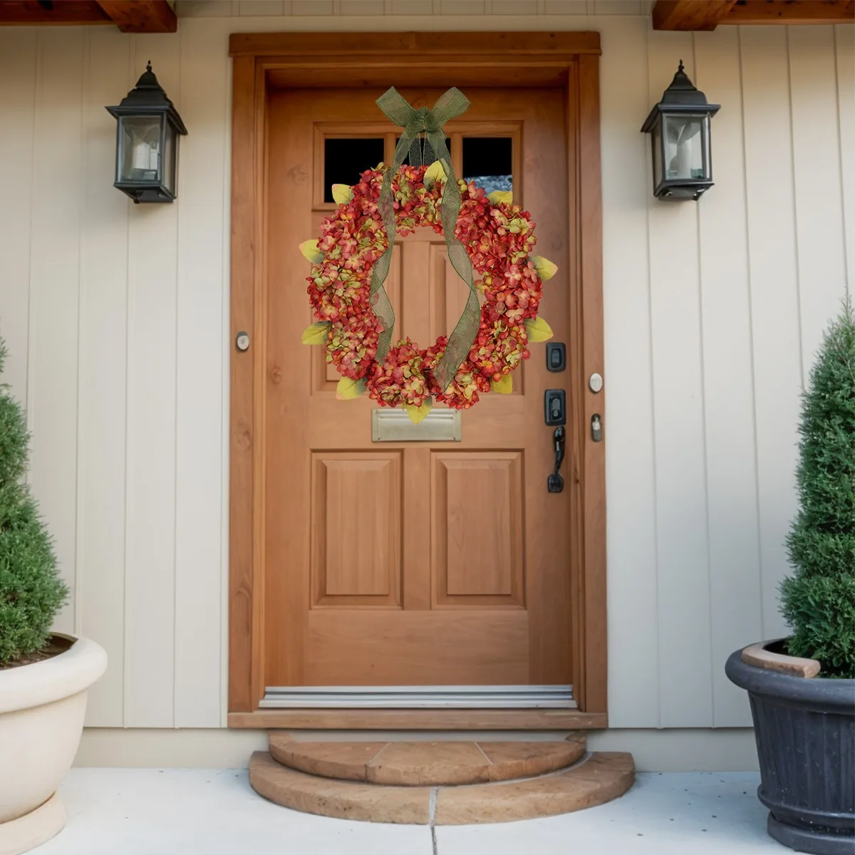 

Fall Hydrangea Wreath for Front Door, 17.7in Handmade Rustic Fall Farmhouse Wreath, Realistic Harvest Orange Hydrangea
